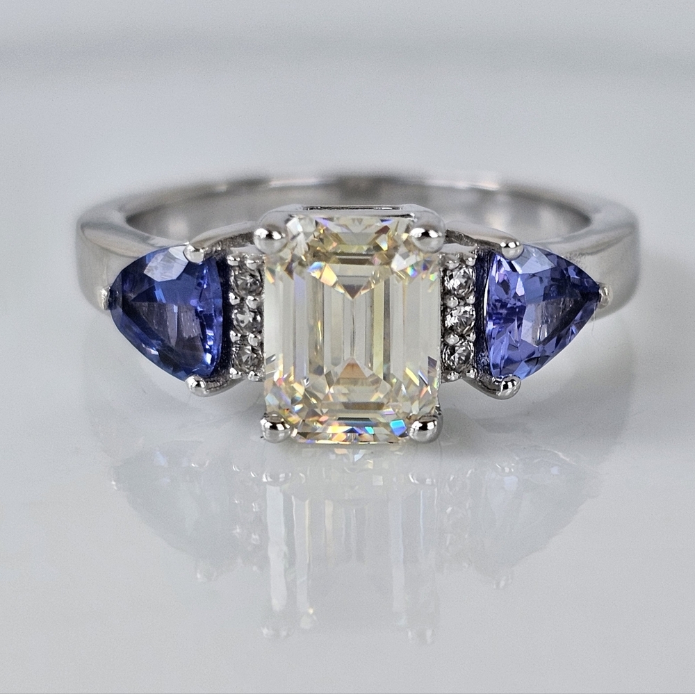 Genuine Strontium Titanate & Tanzanite Ring Rhodium Sterling Silver Size 7